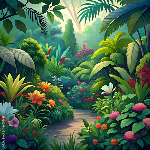 Fototapeta Naklejka Na Ścianę i Meble -  Vibrant jungle path leads to adventure.