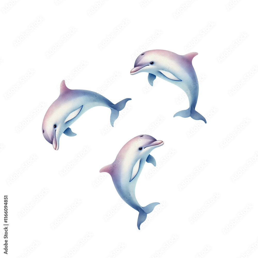 Obraz premium Clipart of watercolor illustration of jumping and swimming dolphins on transparent png isolated background. Nautical set of orca