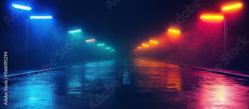 Neon-lit street at night, foggy, wet road.