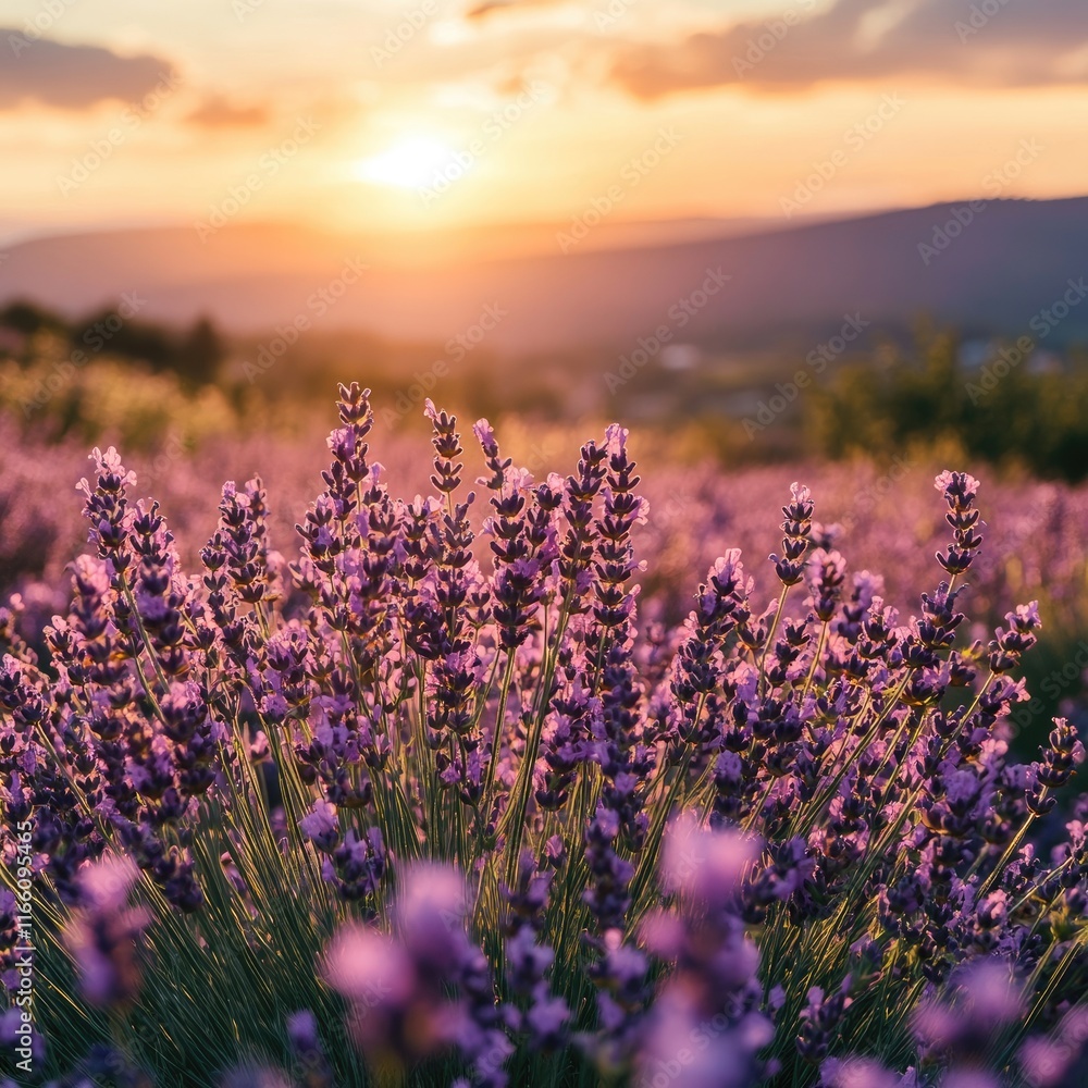 Obraz premium Lavender Field Sunset Golden Hour Blossoms