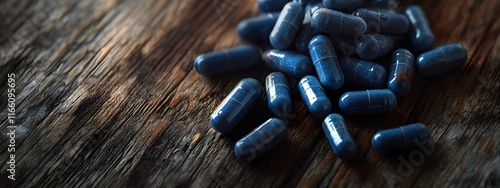 Blue pills on a dark wooden table, close-up view