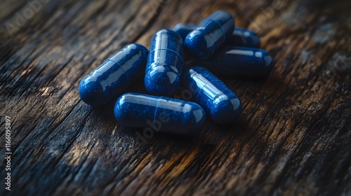 Blue pills on a dark wooden table, close-up view