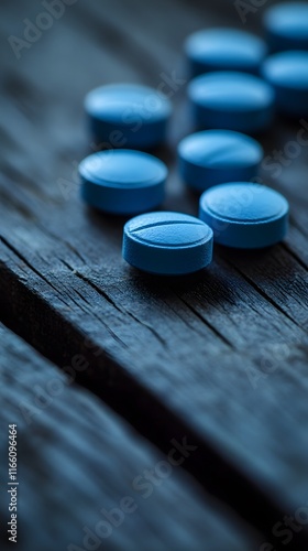 Blue pills on a dark wooden table, close-up view