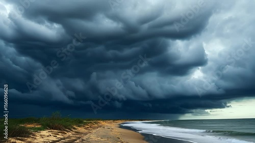 Dramatic seascape with dark storm clouds over a sandy beach