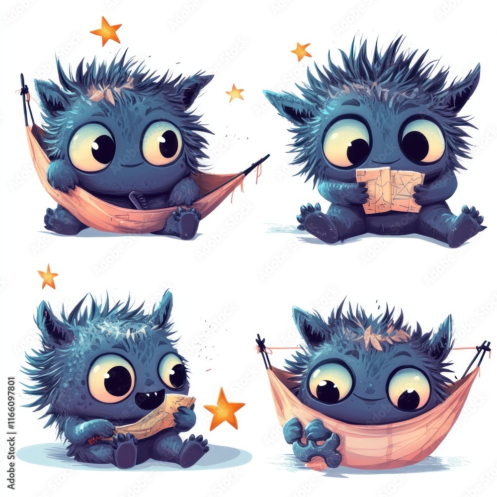 Four adorable blue monsters in various relaxing poses; hammock, reading, snacking. Four adorable blue monsters in various relaxing poses; hammock, reading, snacking.