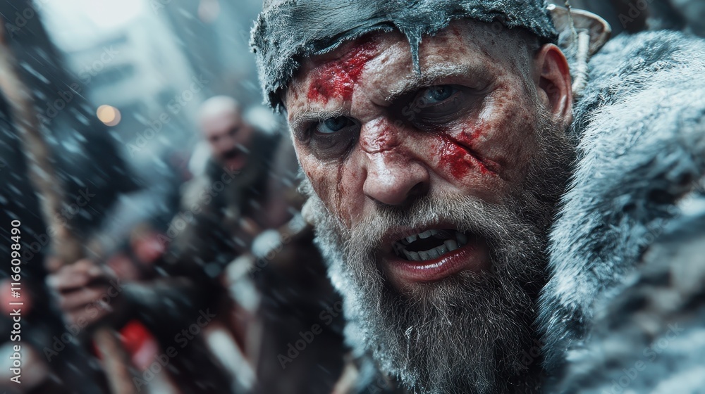 The hostile expression of this fierce warrior amidst a snowy backdrop highlights the ruggedness of survival, emphasizing the cold harshness of battle and enduring spirit. The hostile expression of this fierce warrior amidst a snowy backdrop highlights the ruggedness of survival, emphasizing the cold harshness of battle and enduring spirit.