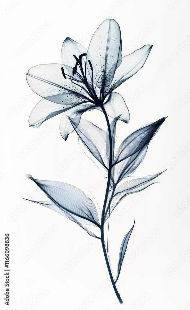 Naklejka premium X-ray image of a single lily flower with leaves and stem on white background.