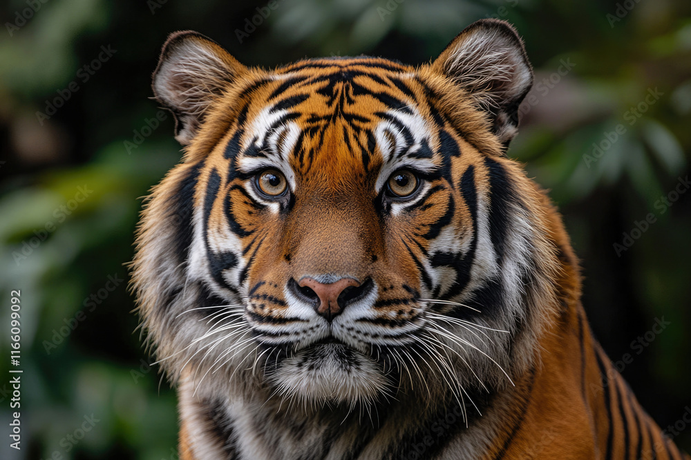 A majestic Sumatran tiger stares intensely, showcasing its striking orange and black stripes. A majestic Sumatran tiger stares intensely, showcasing its striking orange and black stripes.