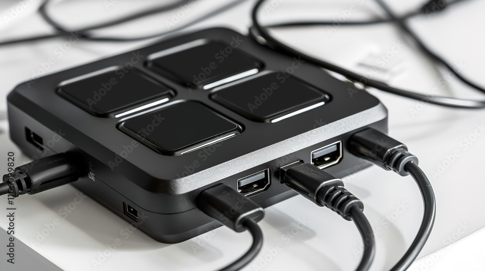 Sleek universal charger with multiple ports on a minimalist white surface, showcasing versatility and modern design for efficient device charging solutions. Sleek universal charger with multiple ports on a minimalist white surface, showcasing versatility and modern design for efficient device charging solutions.