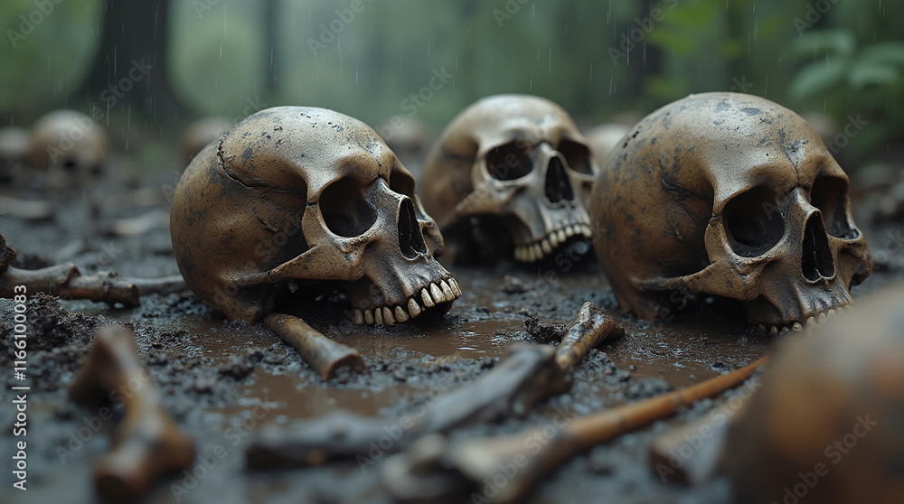 Human Skeletons, Skulls and Bones Mass Grave or Fallen Soldiers and Warriors of War, Death and Halloween Background Human Skeletons, Skulls and Bones Mass Grave or Fallen Soldiers and Warriors of War, Death and Halloween Background