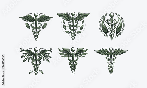 Collection of caduceus illustrations composted with poisonous snakes, easily editable.