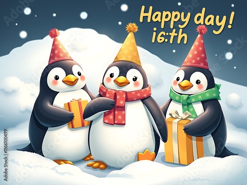 Adorable Penguin Trio Celebrates a Snowy 16th Birthday AI Generated photo