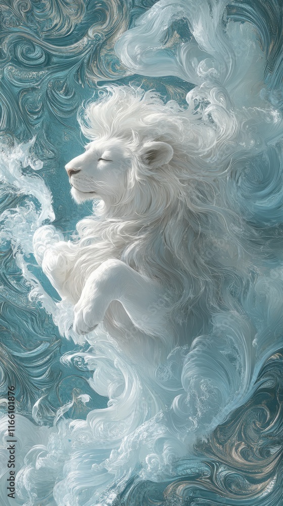 Serene white lion amidst swirling, ethereal teal clouds. Serene white lion amidst swirling, ethereal teal clouds.
