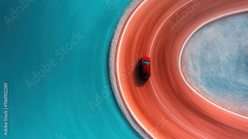 This stunning aerial view captures a car navigating a beautifully curved road, emphasizing the dynamic interplay between vehicle design and natural landscapes. photo