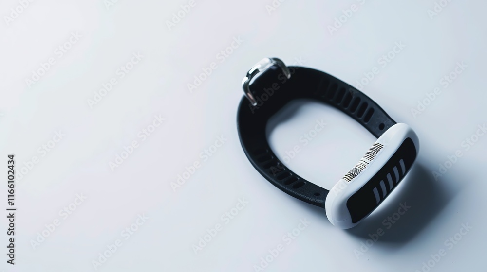 Obraz premium Close-up of a secure medical wristband with barcode, representing patient safety and healthcare security, on a clean white background with copy space.