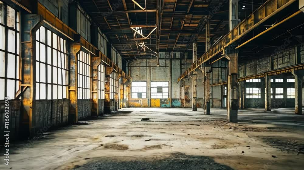 Abandoned warehouse interior with natural light and dusty floors Abandoned warehouse interior with natural light and dusty floors