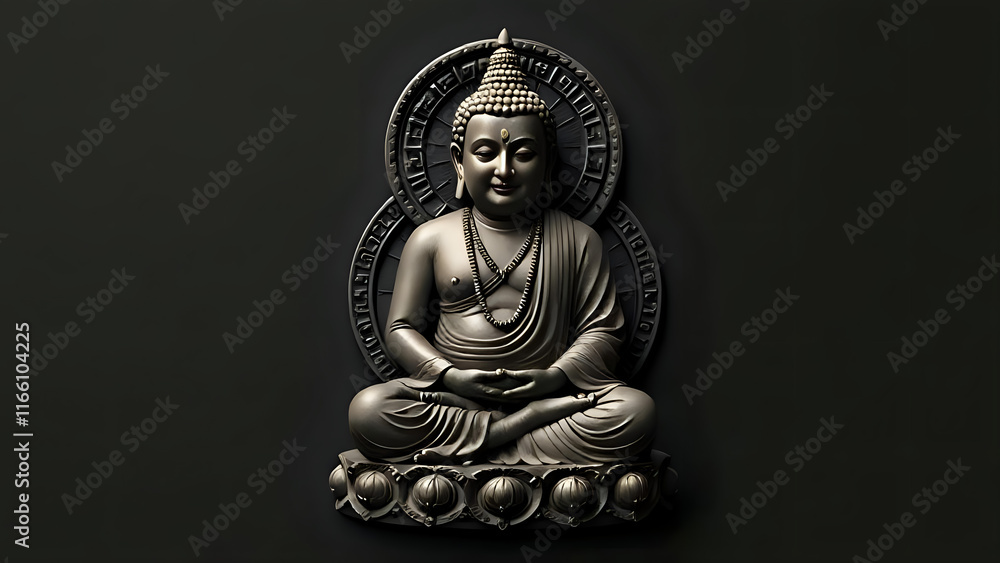 Fototapeta premium The Buddha is depicted in a seated posture, exhibiting a serene and peaceful expression. 