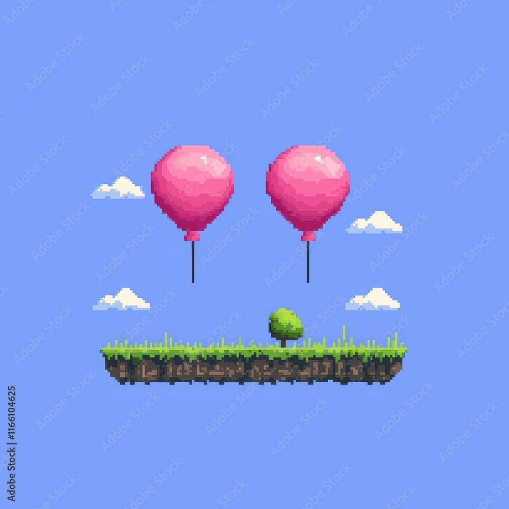 Obraz premium Pixel Art Floating Island Pink Balloons Sky Clouds Tree