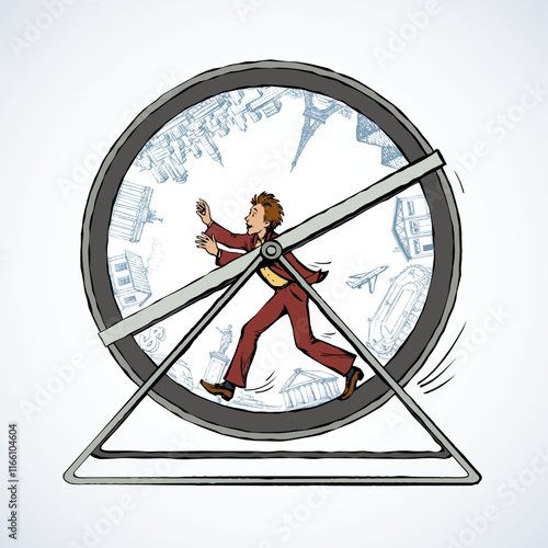 Man running in a running wheel. Vector icon