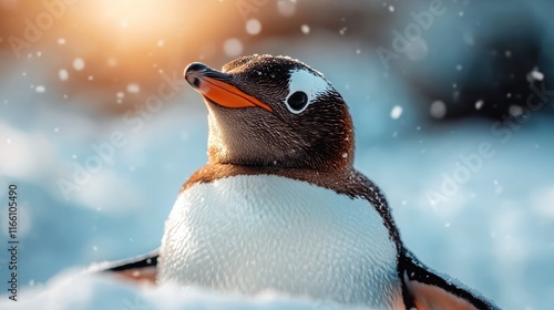 A gentoo penguin stands proudly in a sunlit snowy landscape, showcasing its distinctive markings and vibrant beak against a backdrop of glistening snow. photo