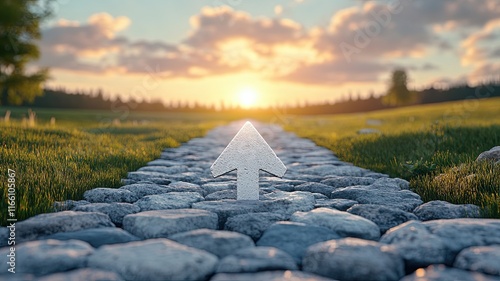 The Path Forward:  A white arrow points upward on a stone path leading to a radiant sunset, symbolizing progress, ambition, and the journey towards success.   photo