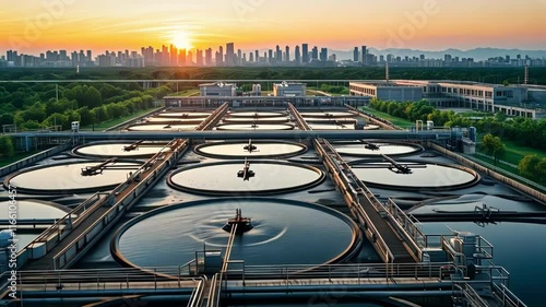 Wallpaper Mural Aerial view of water treatment plant at sunrise with city skyline Torontodigital.ca