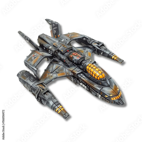 Sci-fi battle fighter with glowing orange details and sleek black design