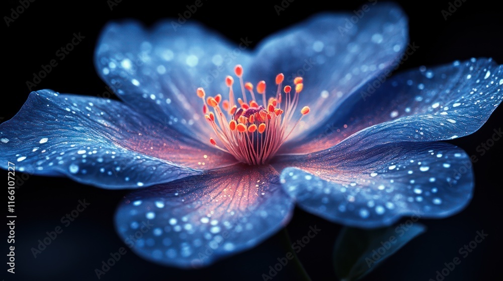 Glowing blue flower with dew drops on petals against black background. Glowing blue flower with dew drops on petals against black background.