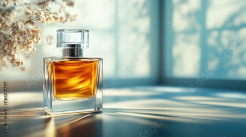 A beautifully designed perfume bottle with amber liquid sits elegantly on a table, illuminated by soft natural light creating a serene and luxurious atmosphere. photo