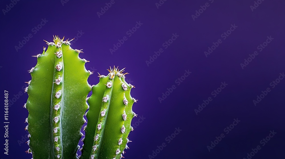 Two vibrant green cacti against a deep purple background. Two vibrant green cacti against a deep purple background.