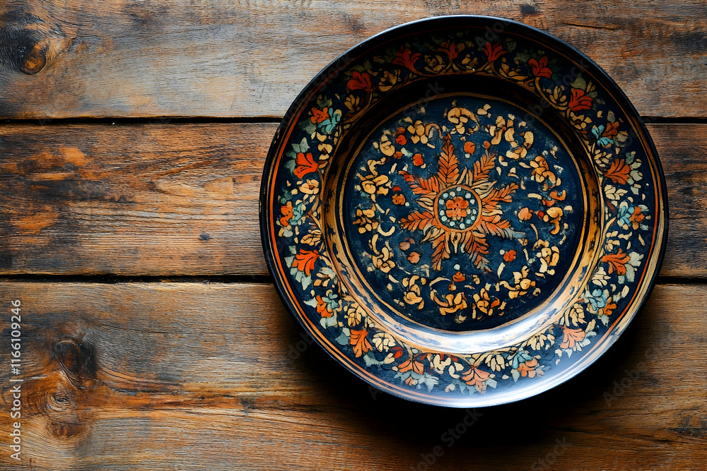 Traditional plate with intricate patterns placed on a wooden table, showcasing cultural heritage Traditional plate with intricate patterns placed on a wooden table, showcasing cultural heritage