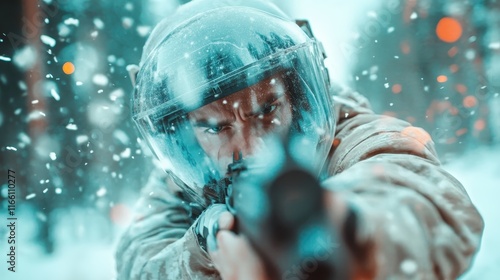 A determined soldier, armed and ready, aims his weapon in a snowy landscape, embodying resilience and focus amidst the challenges of a harsh environment and mission. photo