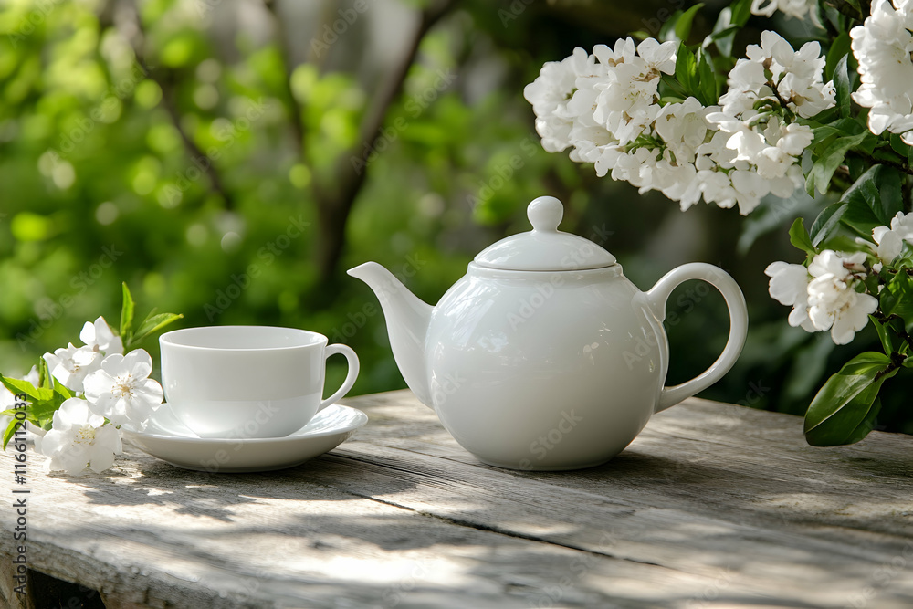 White teapot and matching cup on a wooden table in a tranquil tea-time setting White teapot and matching cup on a wooden table in a tranquil tea-time setting