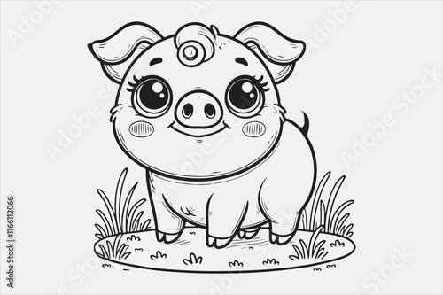 A line art illustration of a happy pig standing on grass.