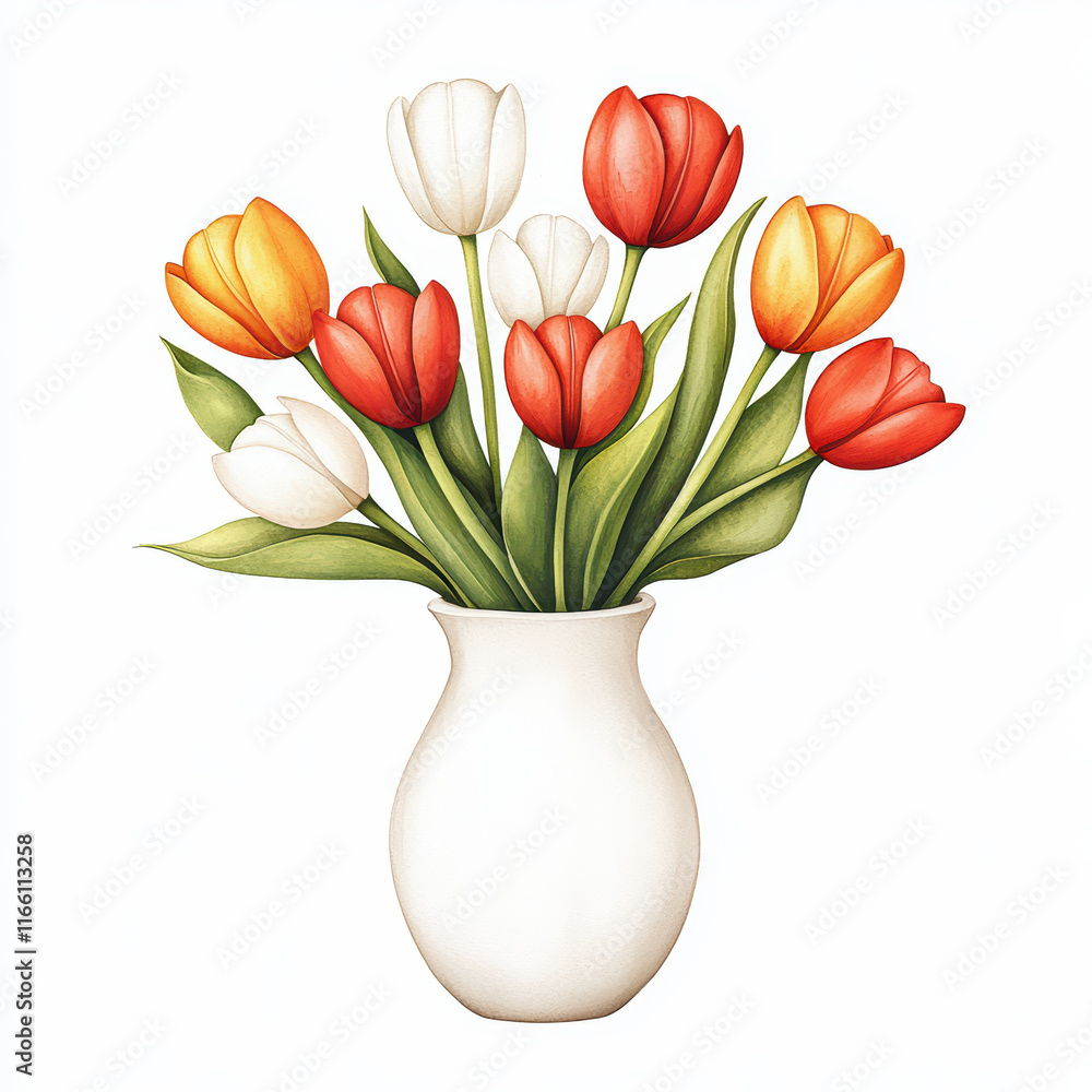 Beautiful tulips in white vase, vibrant colors and fresh Beautiful tulips in white vase, vibrant colors and fresh
