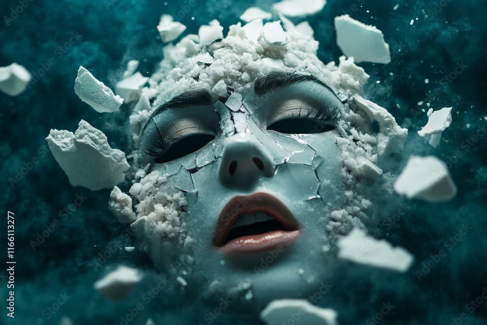 Naklejka premium A woman's face that crumbles and flies into pieces. Generative AI