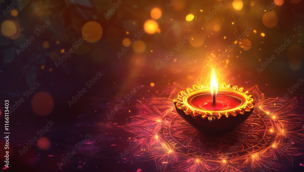 Illuminated diya sits gracefully amidst colorful bokeh lights, symbolizing warmth, celebration, and tradition during festive occasions like Diwali and other cultural celebrations. Illuminated diya sits gracefully amidst colorful bokeh lights, symbolizing warmth, celebration, and tradition during festive occasions like Diwali and other cultural celebrations.