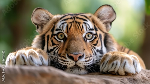 A young tiger curiously rests its head on a rock, embodying playfulness and charm while its eyes express keen observation and a sense of wonder in its vibrant environment. photo