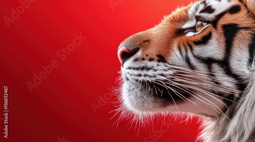 A striking profile of a tiger showcases its vibrant fur and fierce gaze, set against a bold red background, symbolizing power and beauty in nature. photo