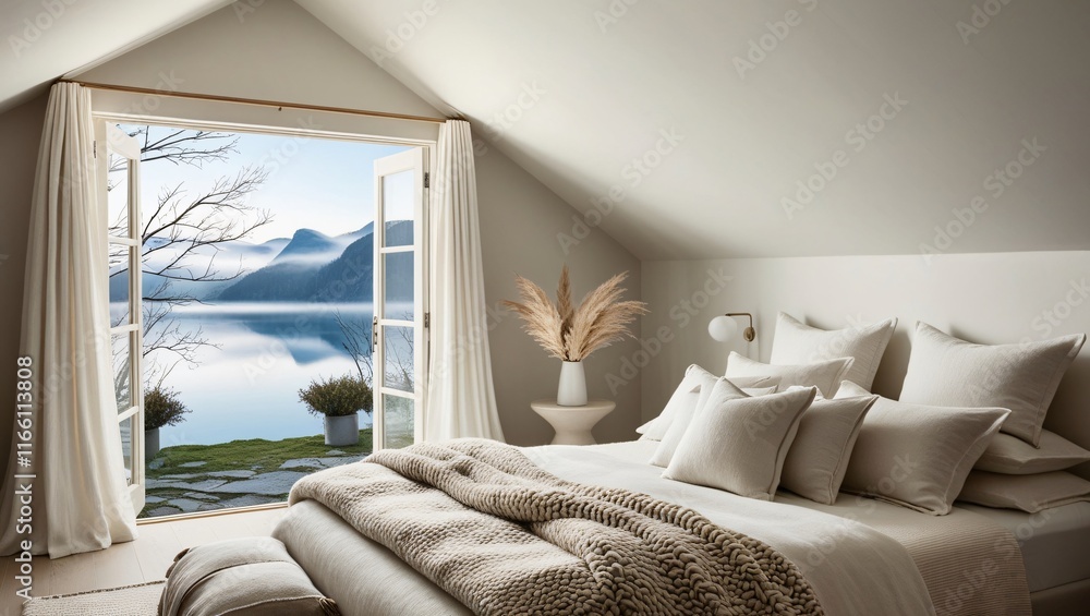 bed room with a window , AI Generated.
