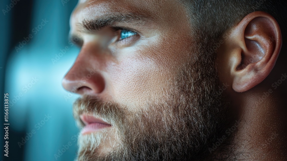 A man with a muscular build and intense blue eyes displays confidence and seriousness, captured in a close-up photo that emphasizes his striking features. A man with a muscular build and intense blue eyes displays confidence and seriousness, captured in a close-up photo that emphasizes his striking features.