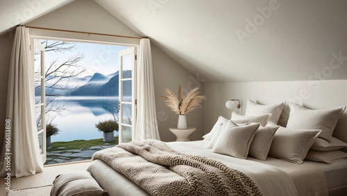 Obraz na płótnie bed room with a window , AI Generated. w salonie