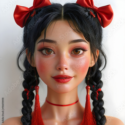 giovane donna anime asiatica dai capelli neri con trecce legate da nastri color rosso, Young anime black-haired Asian woman with braids tied by red ribbons photo