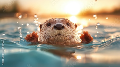 A playful otter pops its head above water as the sun sets behind it, creating an enchanting silhouette adored by nature lovers and capturing the essence of wildlife in motion. photo