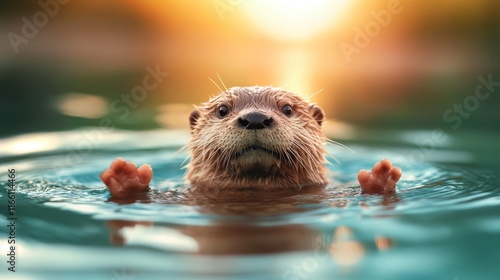 A charming otter creates ripples in the water while enjoying the vibrant sunset, capturing the essence of life and joy in this serene moment by nature. photo