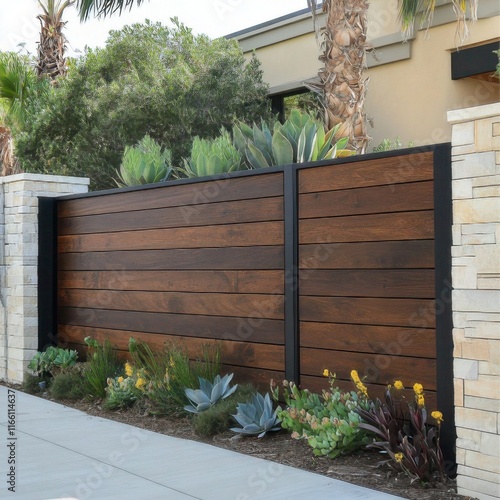 sleek ultra modern style horizontal wood fence, mounted on top of a light brick stone wall with southwest landscaping. The theme is california coastal with succulents. photo