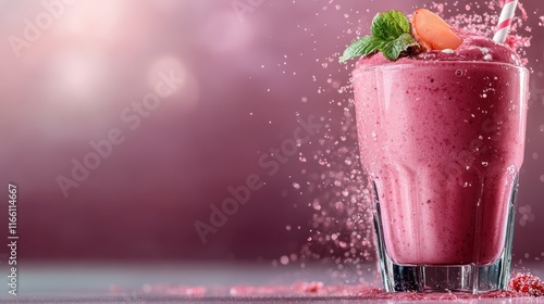 A delightful pink smoothie bursts with freshness as it splashes alongside visible berries, illustrating the playful and invigorating nature of healthy drinks in artistic detail. photo