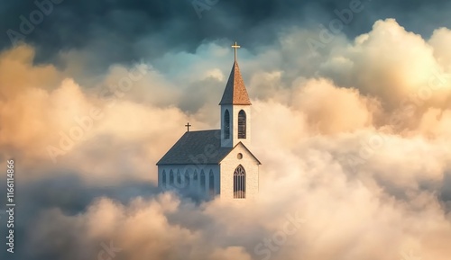 A small church in the clouds, set against a sky-blue background photo