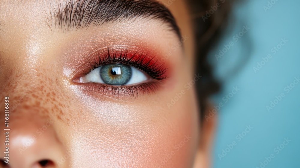 This image captures a close-up of a beautiful eye with stunning red makeup and freckles, showcasing the intricate details of the eye and the vibrant colors used. This image captures a close-up of a beautiful eye with stunning red makeup and freckles, showcasing the intricate details of the eye and the vibrant colors used.