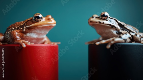 Two vibrant frogs resting on distinct colored platforms, showcasing their striking features and the vivid contrast in a playful and whimsical arrangement of nature's wonders. photo